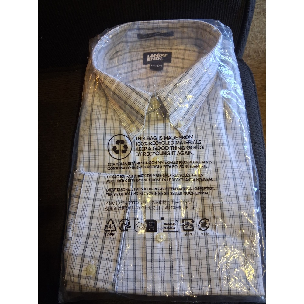 Lands End Mens Ultimate Gray Multi‎ Plaid Long Sleeve Dress Shirt 17 1/2-37/T